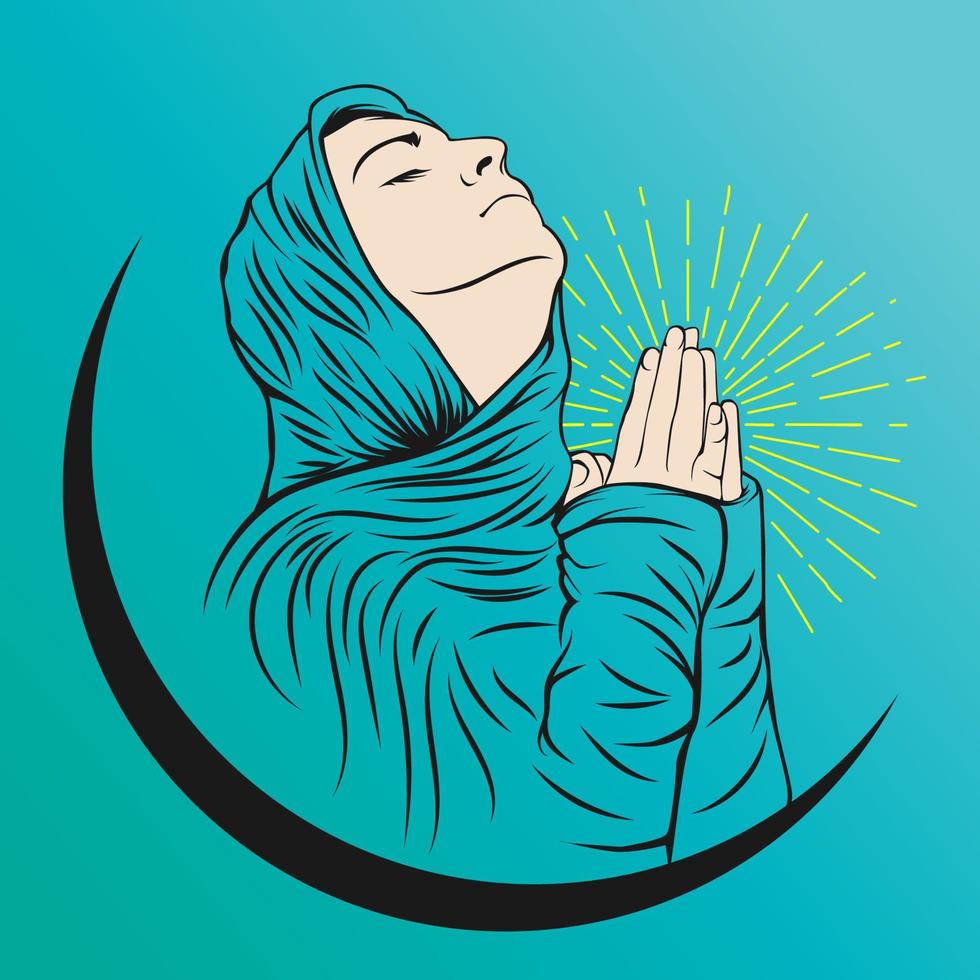 Praying hand woman element illustration with sunburst background. Vintage and retro style design. Vector eps 10.