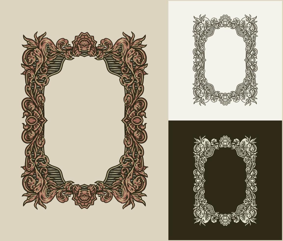 Vintage baroque frame scroll ornament, hand drawn line style with digital color, vector illustration, isolated on dark and bright background