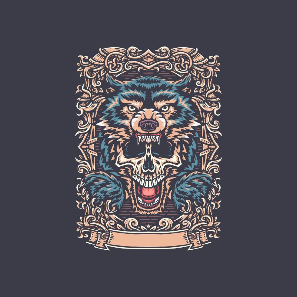 Wolf and skull t shirt graphic design, isolated on dark background vector