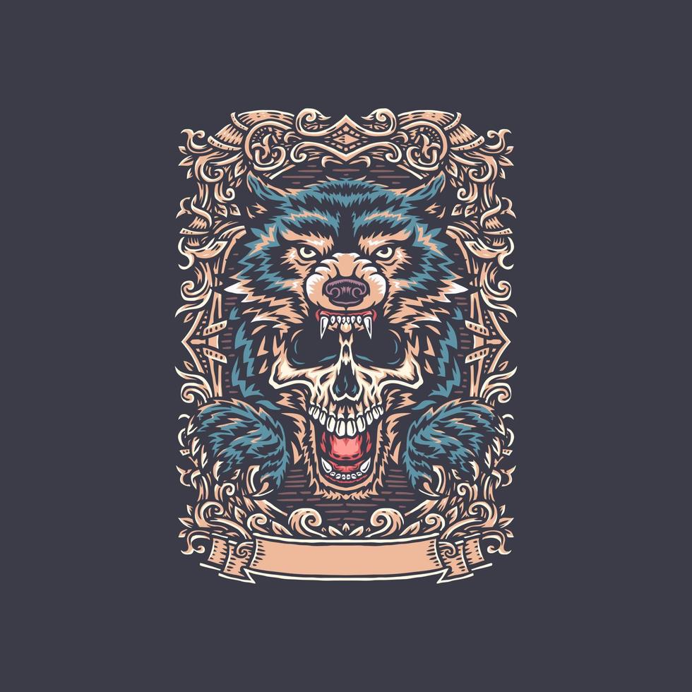 Wolf and skull t shirt graphic design, isolated on dark background vector