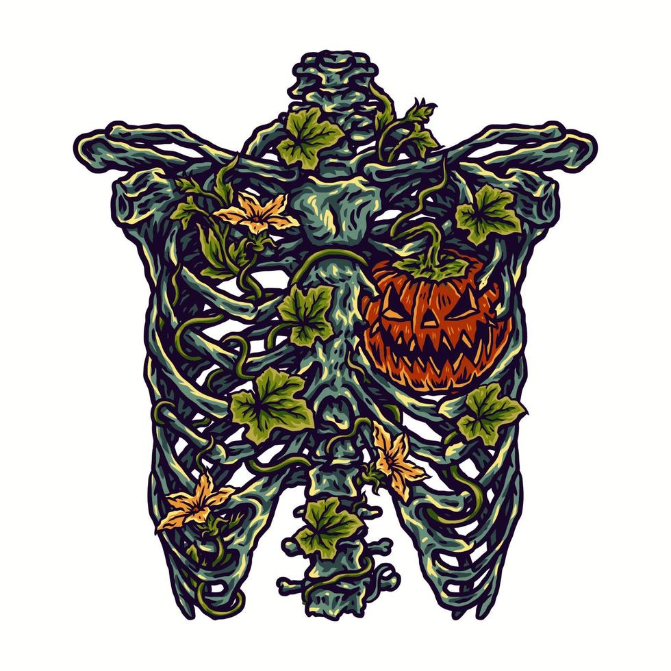 Halloween and skeletal bones hand drawn line with digital color, vector illustration