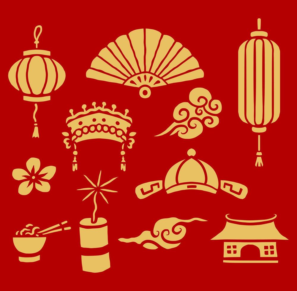 Set of Chinese Elements Asian, hand drawn line style with digital color, vector illustration