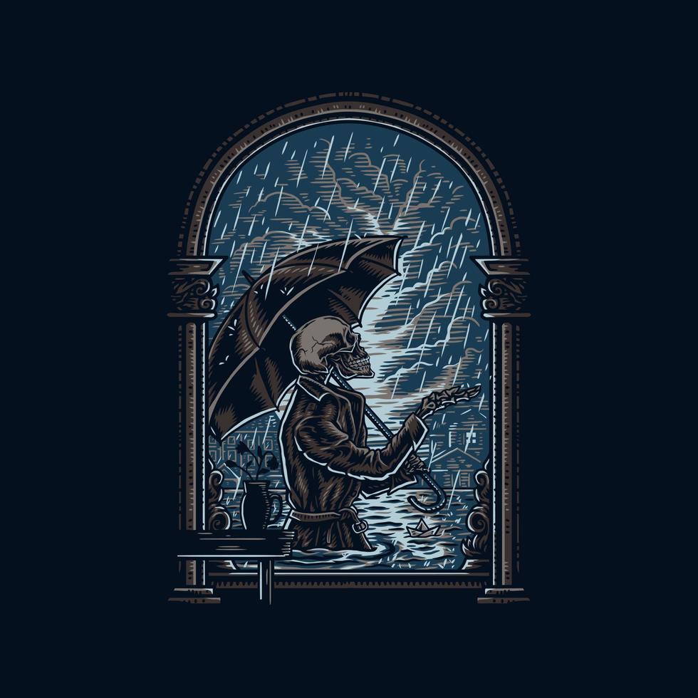 Skeleton carrying umbrellas in the rain, hand drawn line style with