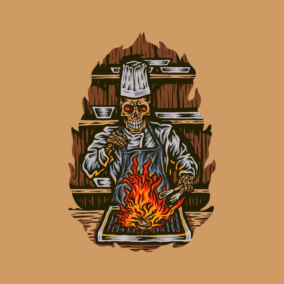 Skeleton chef grilling meat, hand drawn line style with digital color, vector illustration