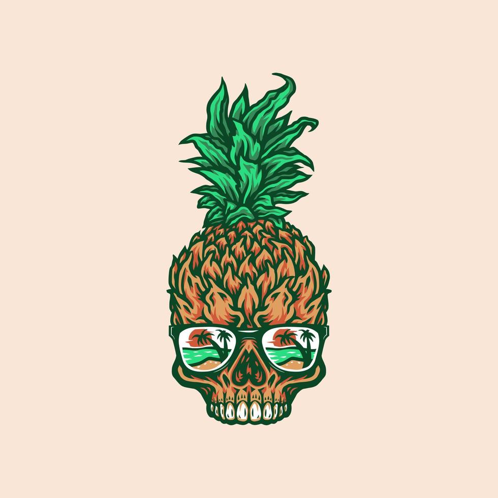 Pineapple skull, hand drawn line with digital color, vector illustration