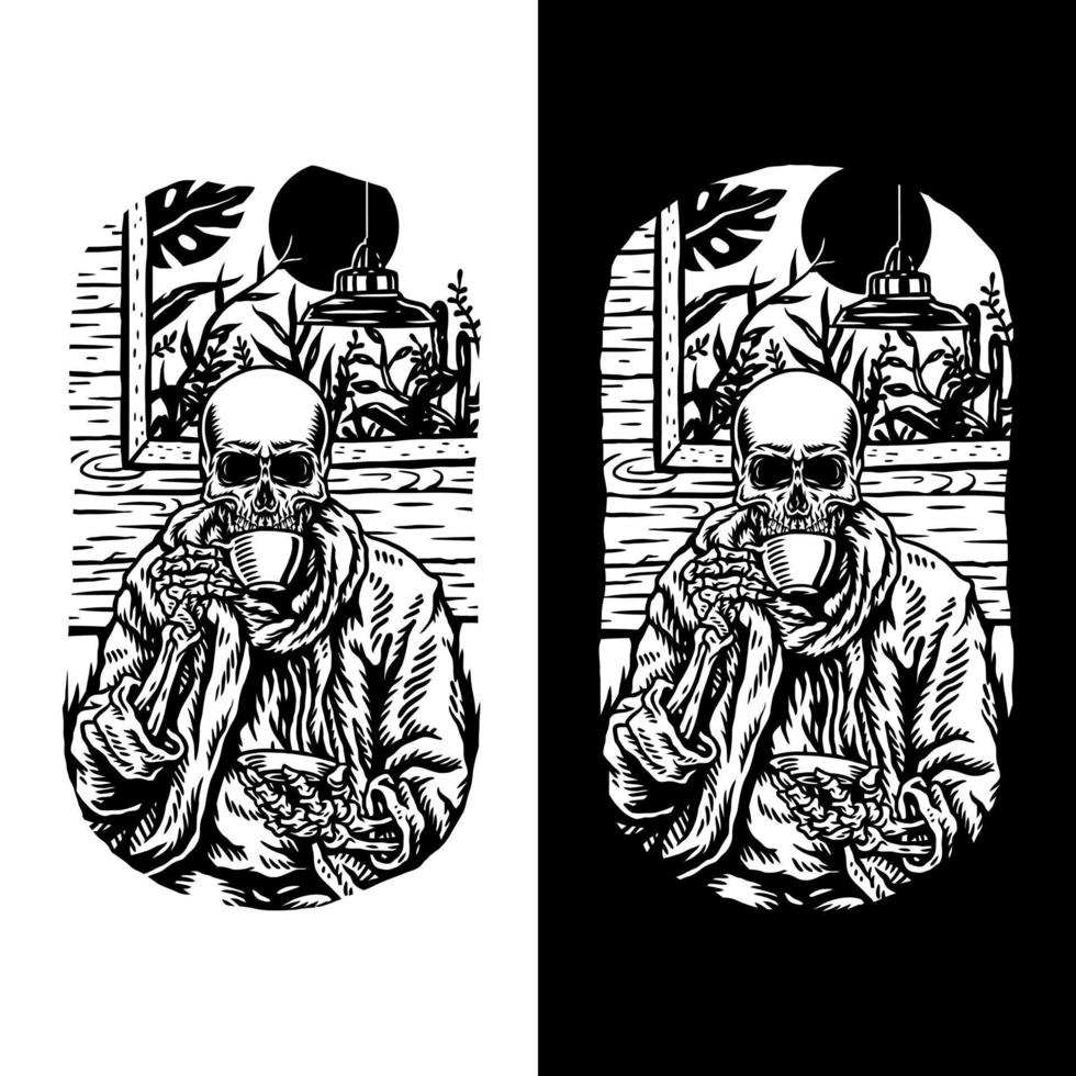 Vector illustration of skull drinking coffee, isolated on dark and bright background