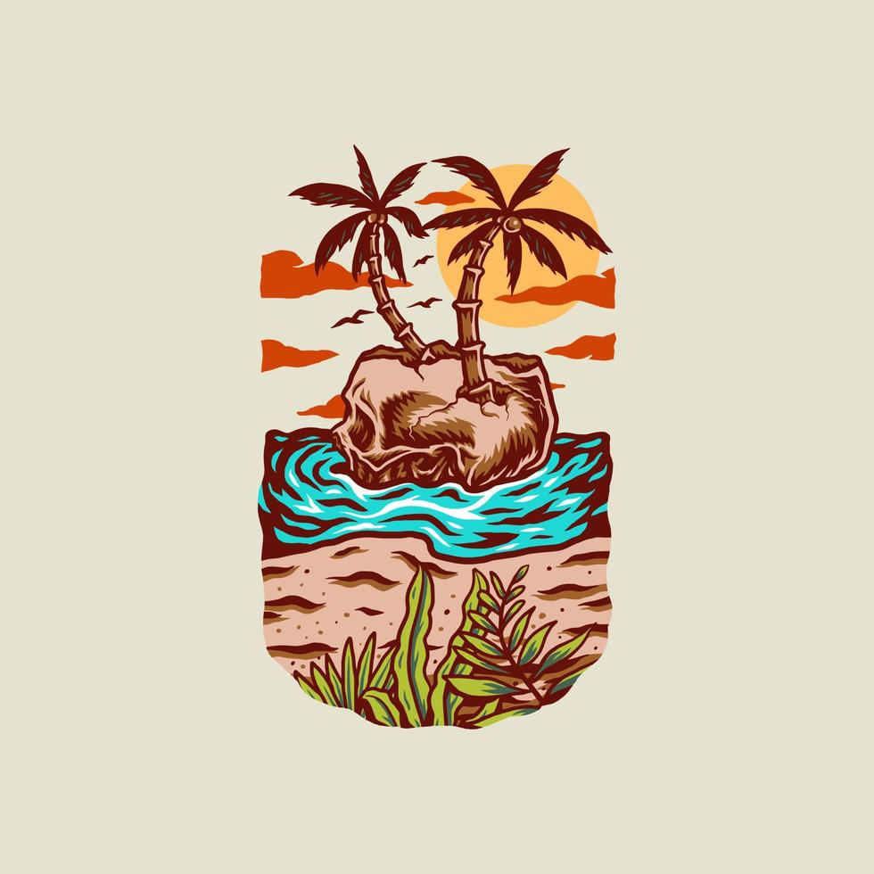 diseño gráfico de camiseta de playa de verano de cráneo, línea dibujada a mano con color digital, ilustración vectorial vector