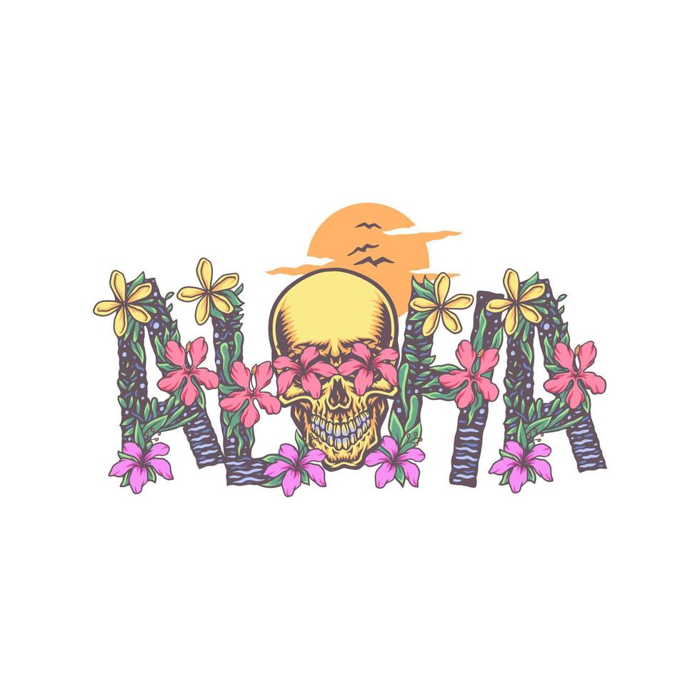 Aloha vector illustration with skull, hand drawn line with digital color