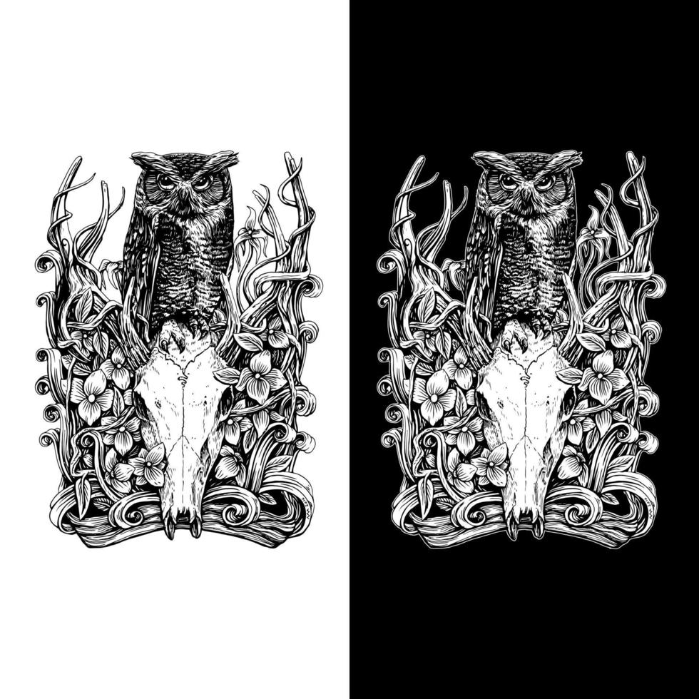 Vector drawing of owl above the deer skull, isolated on dark and bright background