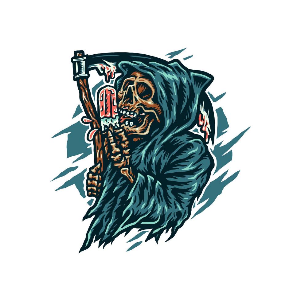 Grim reaper eating ice cream, hand drawn line style with digital color, vector illustration