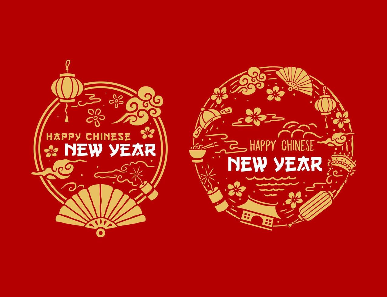 Chinese New Year circle designs, hand drawn line style with digital color, vector illustration