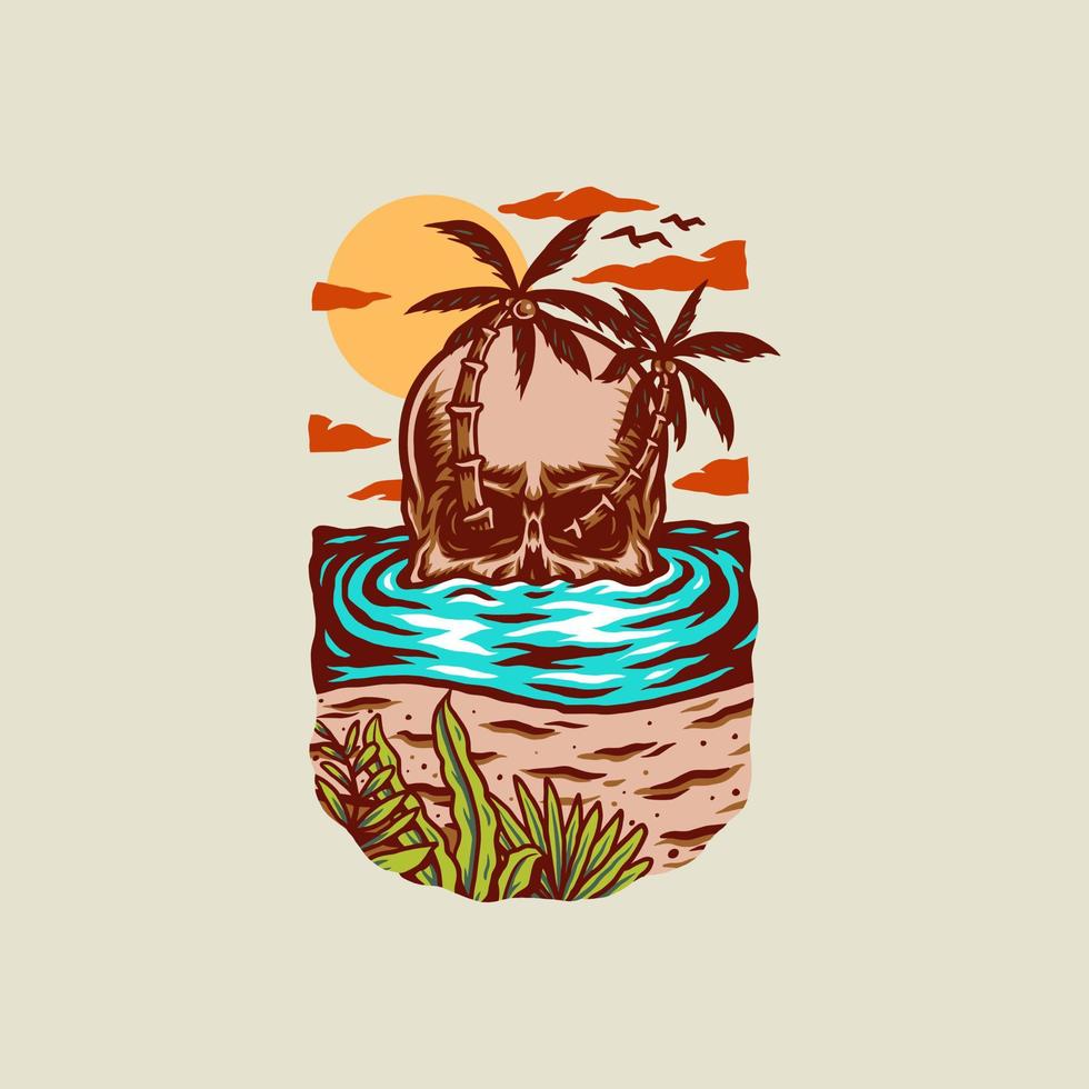 Skull summer beach t-shirt graphic design, hand drawn line with digital color, vector illustration