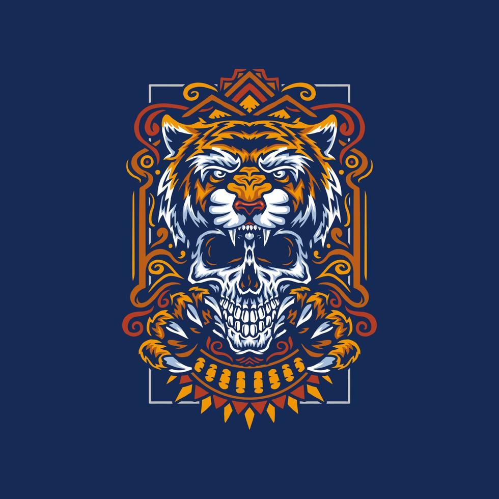 Tiger and skull, hand drawn line with digital color, vector illustration, isolated on dark background