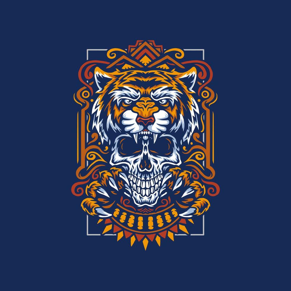 Tiger and skull, hand drawn line with digital color, vector illustration, isolated on dark background