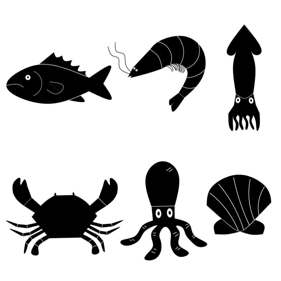 icono de mariscos o animales marinos, pescado, pulpo, cangrejo, camarones, calamares, ilustración vectorial vector