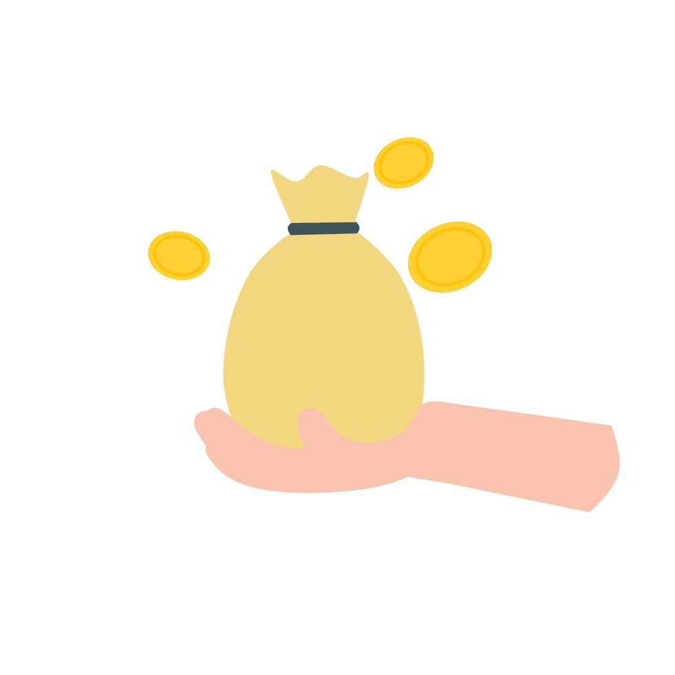 mano que sostiene el icono de la bolsa de dinero, el icono de la moneda, el oro, la ilustración gráfica vectorial vector