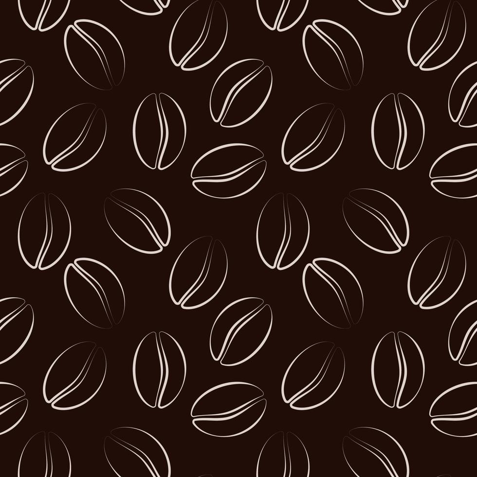 Seamless pattern with white outline coffee beans on dark brown background. vector
