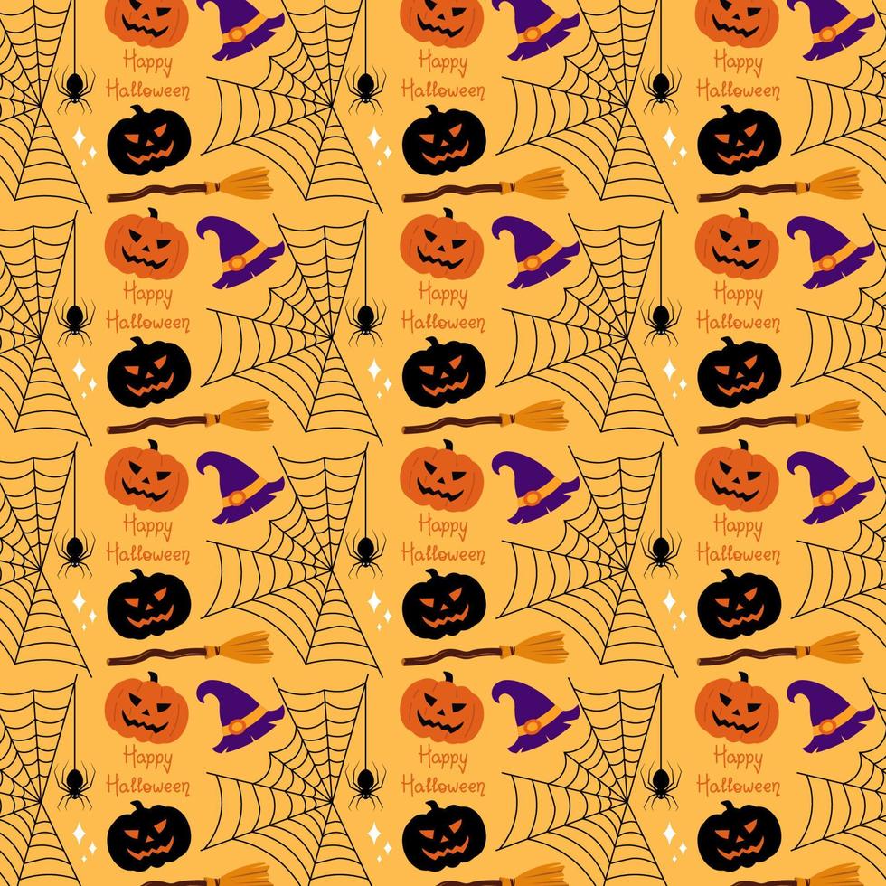 Yellow Halloween Pattern With Pumpkin, Spider Web And Hat Vector Illustration In Flat Style