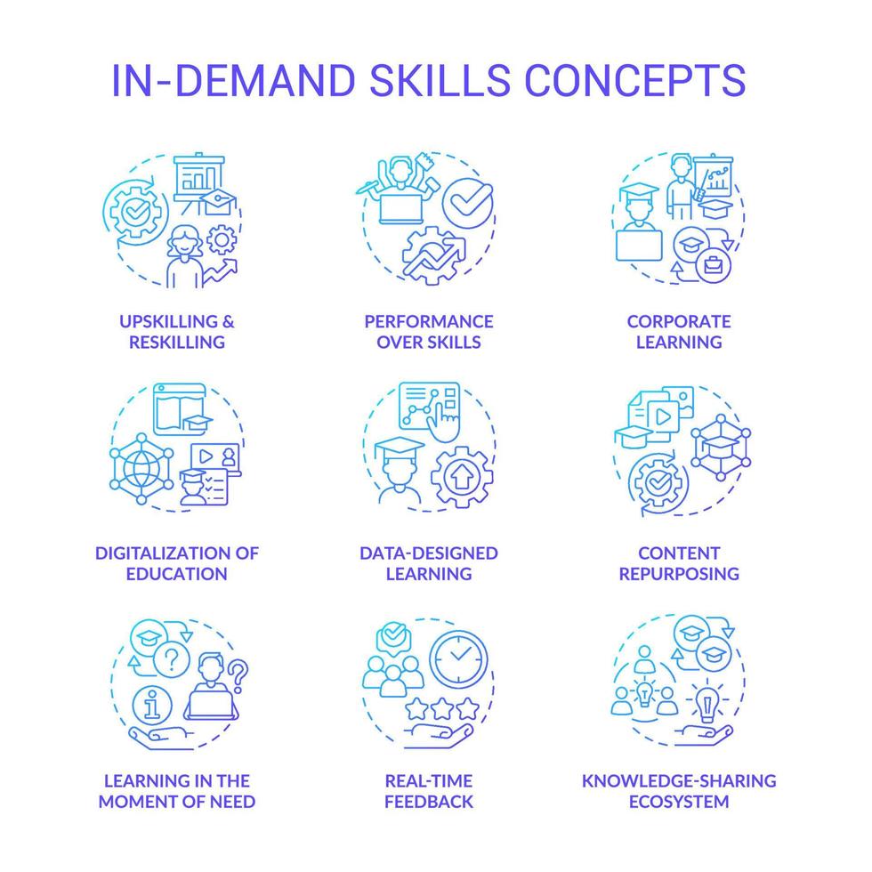 In demand skills blue gradient concept icons set. Upskilling and reskilling idea thin line color illustrations. Corporate learning. Isolated symbols. vector