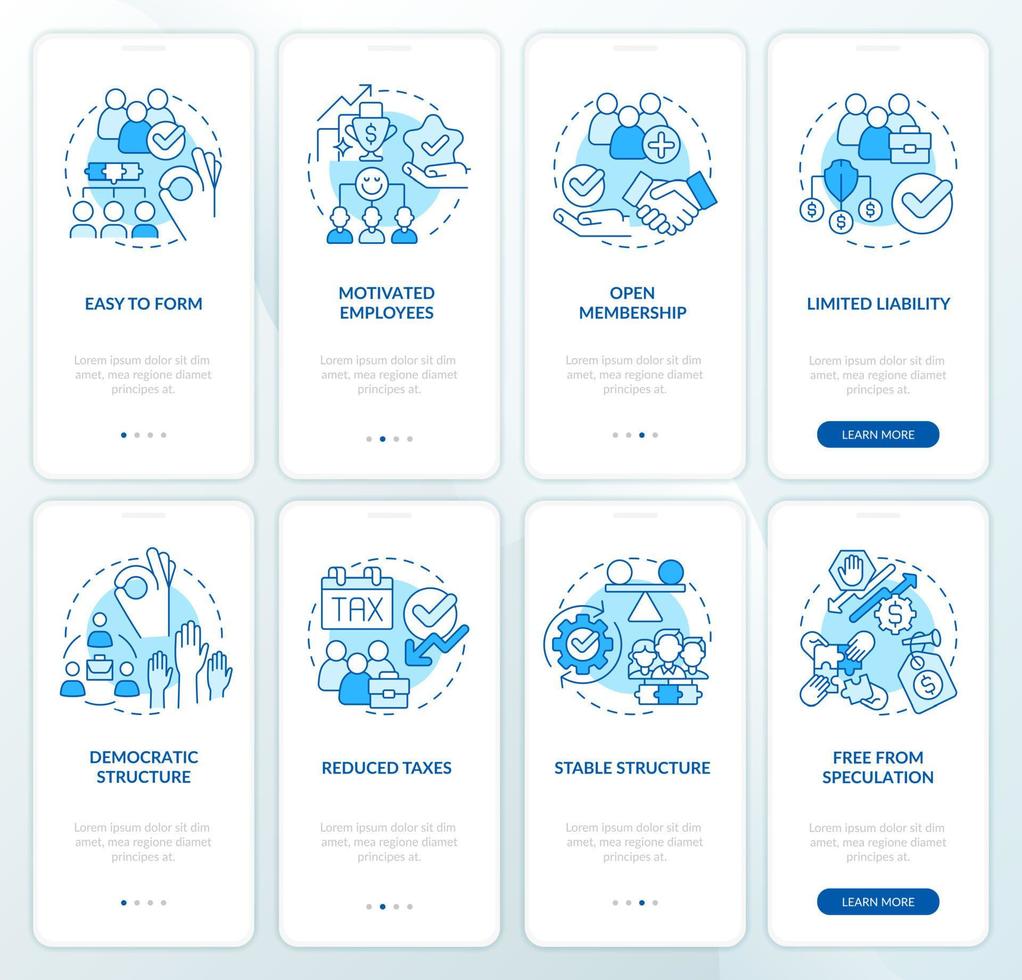 Business cooperatives advantages blue onboarding mobile app screen set. Walkthrough 4 steps graphic instructions pages with linear concepts. UI, UX, GUI template. vector