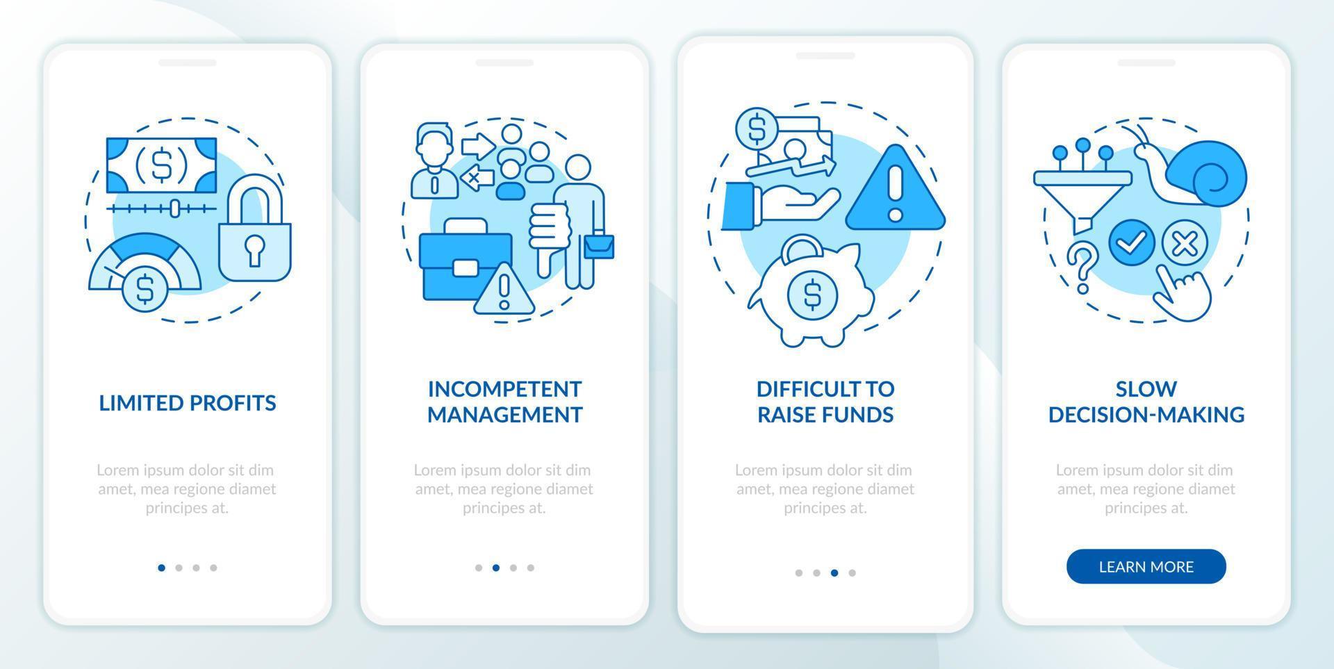 Problems of co-ops blue onboarding mobile app screen. Partnership issues walkthrough 4 steps graphic instructions pages with linear concepts. UI, UX, GUI template. vector