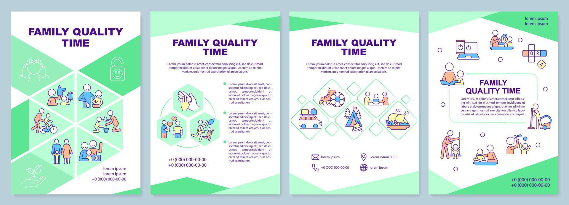 Family quality time brochure template. Family relationship. Leaflet design with linear icons. 4 vector layouts for presentation, annual reports.
