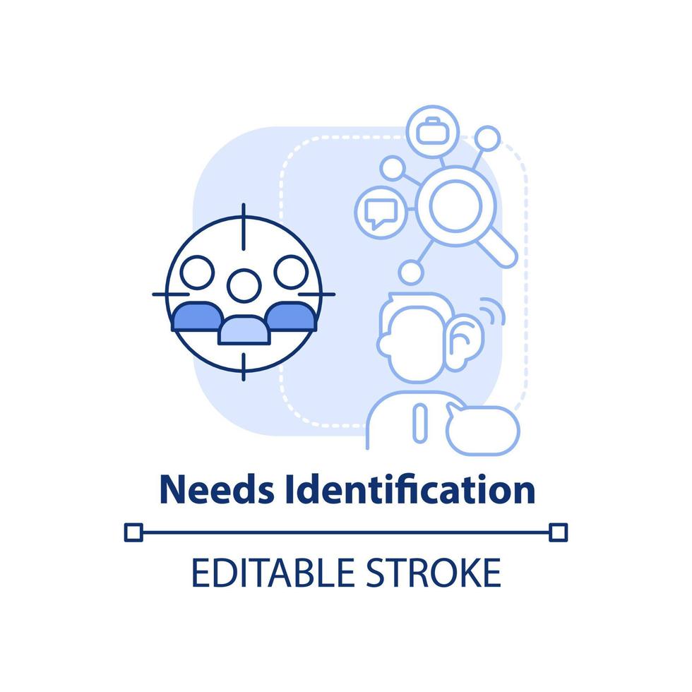 Needs identification light blue concept icon. Sales process abstract idea thin line illustration. Customer wants analysis. Isolated outline drawing. Editable stroke. vector