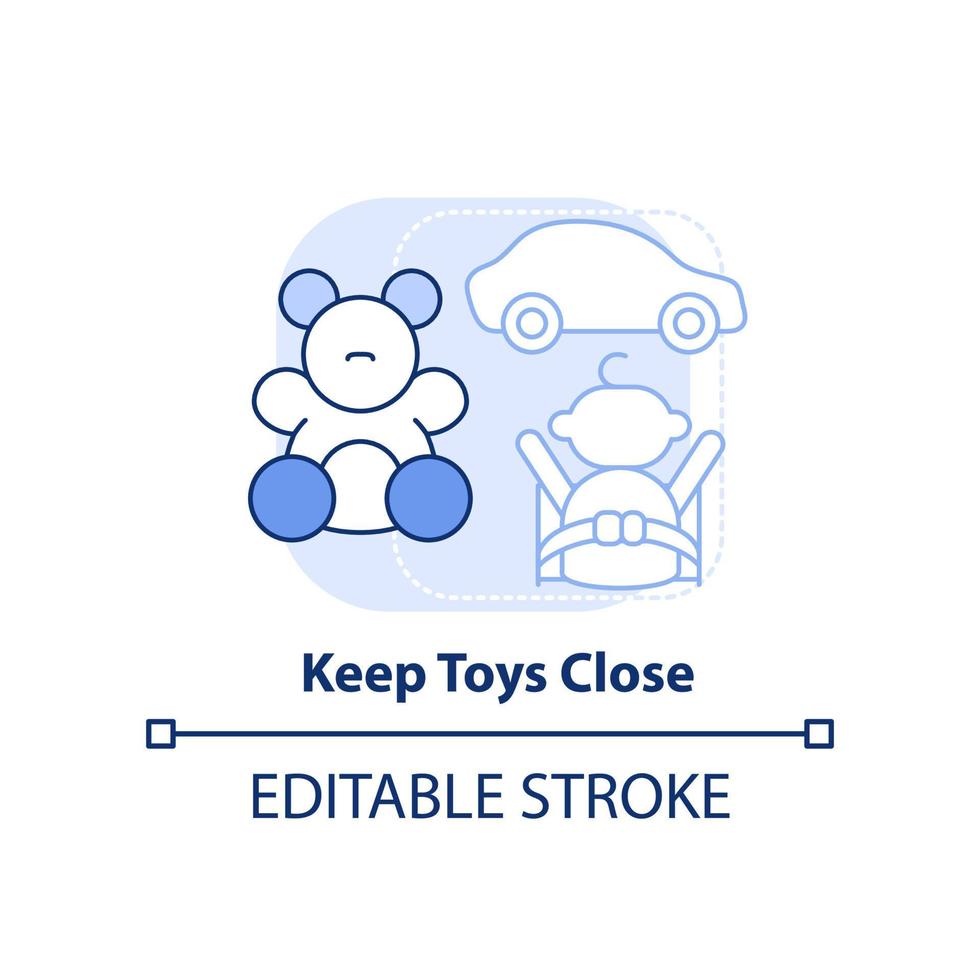 Keep toys close light blue concept icon. Happy child. Trip with toddlers advice abstract idea thin line illustration. Isolated outline drawing. Editable stroke. vector