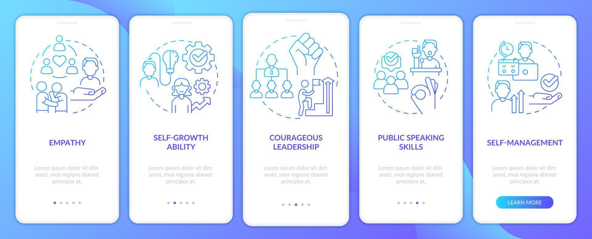 Essential soft skills blue gradient onboarding mobile app screen. Walkthrough 5 steps graphic instructions pages with linear concepts. UI, UX, GUI template. vector