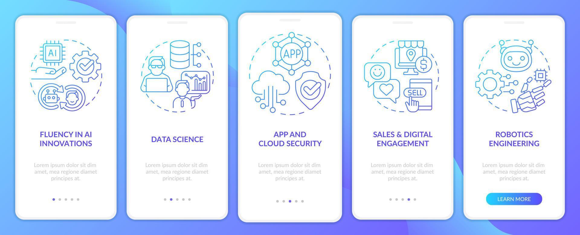 Tech skills in demand blue gradient onboarding mobile app screen. Walkthrough 5 steps graphic instructions pages with linear concepts. UI, UX, GUI template. vector