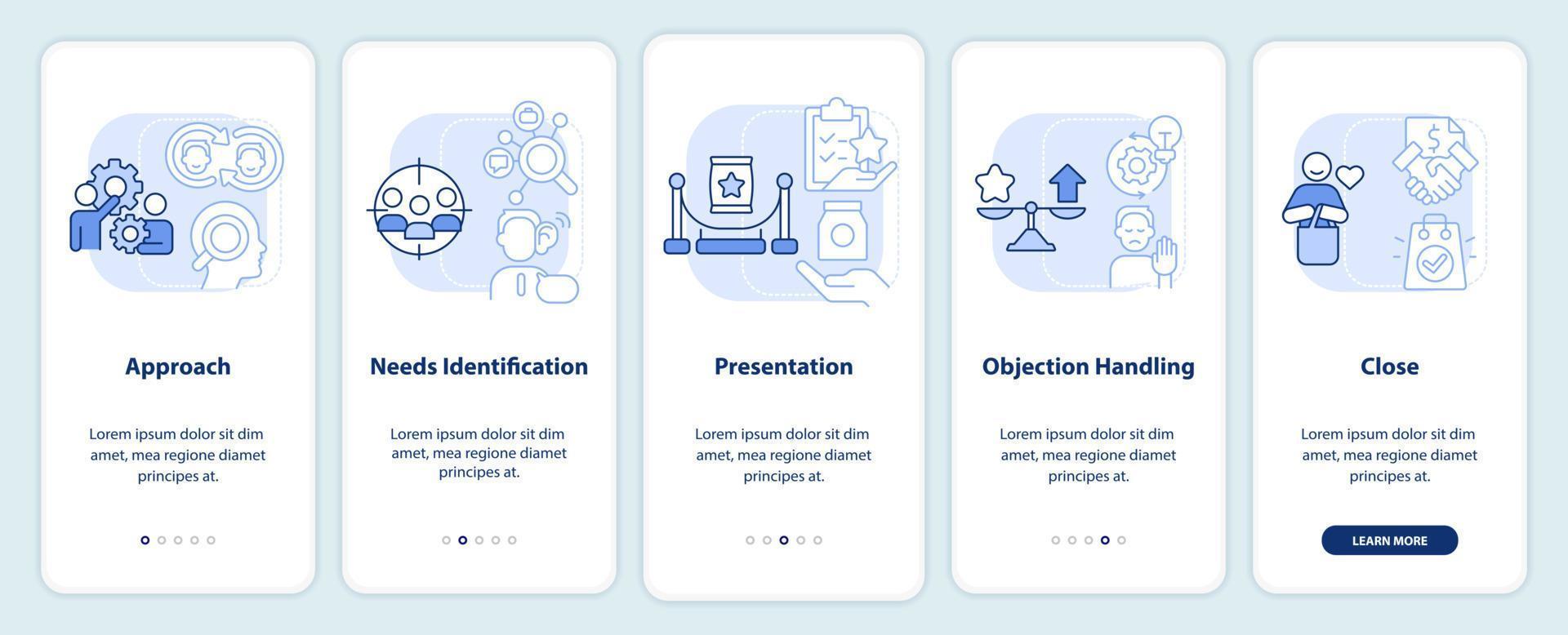 pantalla de aplicación móvil de incorporación de proceso de ventas azul claro. tutorial de negocios 5 pasos instrucciones gráficas editables con conceptos lineales. interfaz de usuario, ux, plantilla de interfaz gráfica de usuario. vector