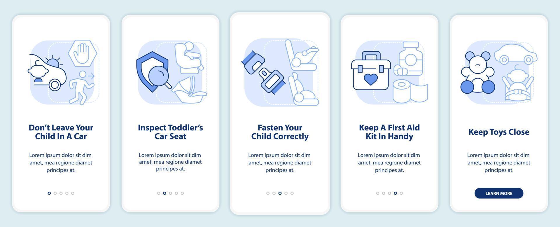 Road trip with toddlers tips light blue onboarding mobile app screen. Walkthrough 5 steps editable graphic instructions with linear concepts. UI, UX, GUI template. vector