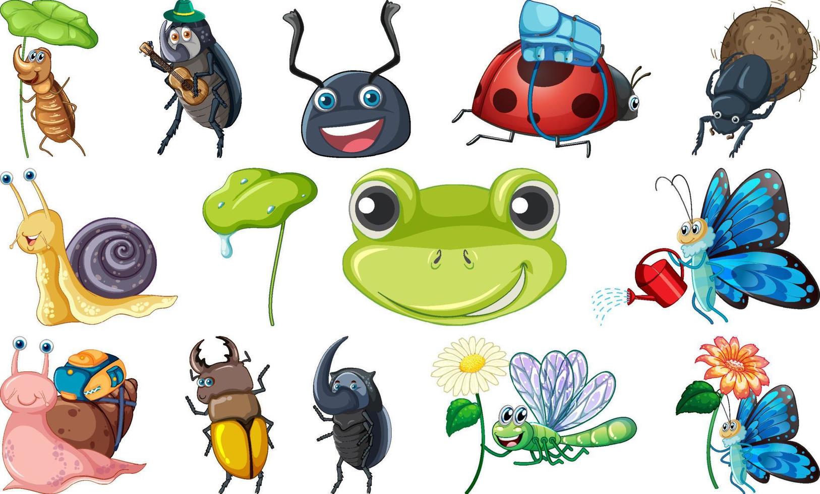 conjunto de varios dibujos animados de insectos y anfibios vector