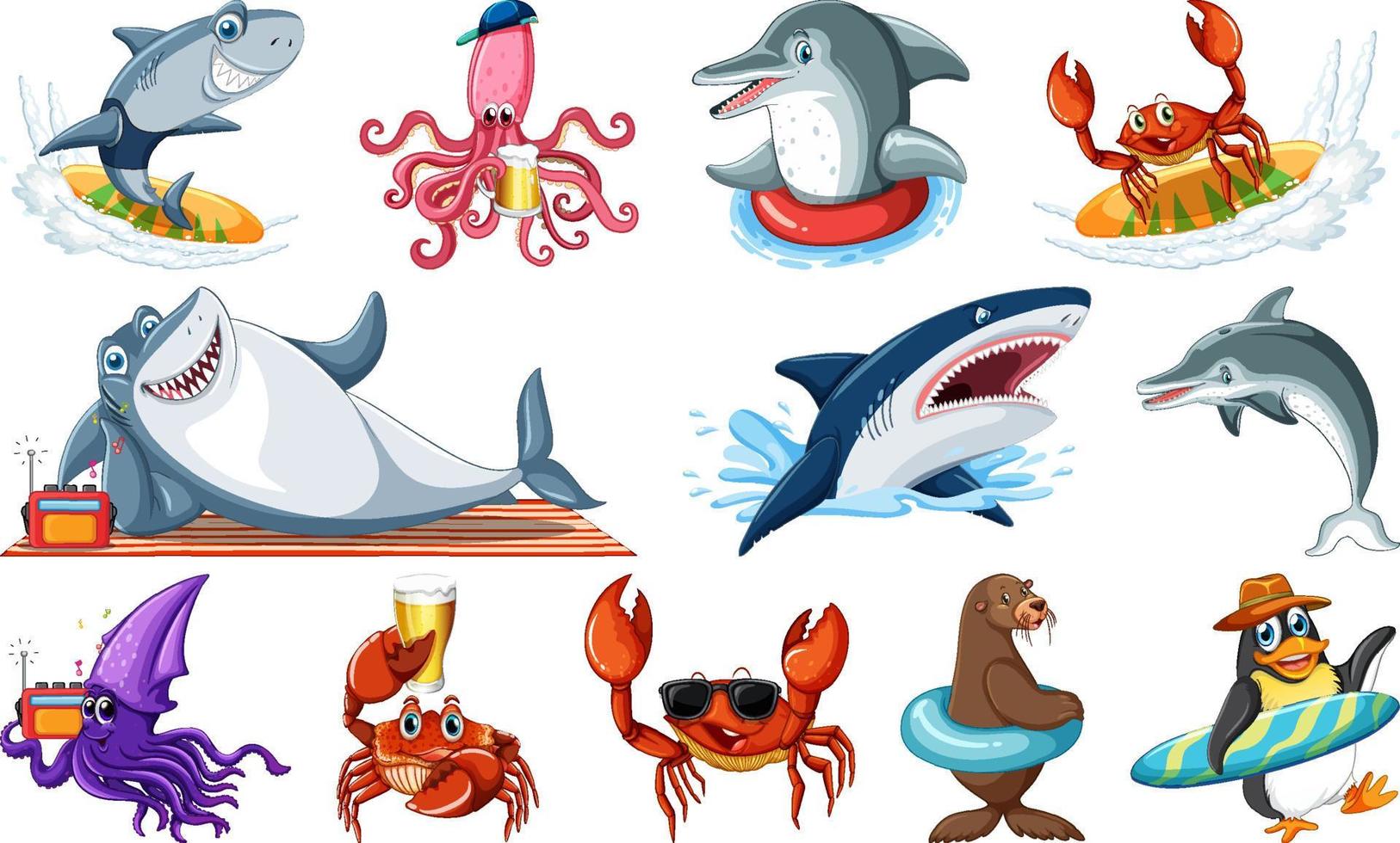 conjunto de varios personajes de dibujos animados de animales marinos vector