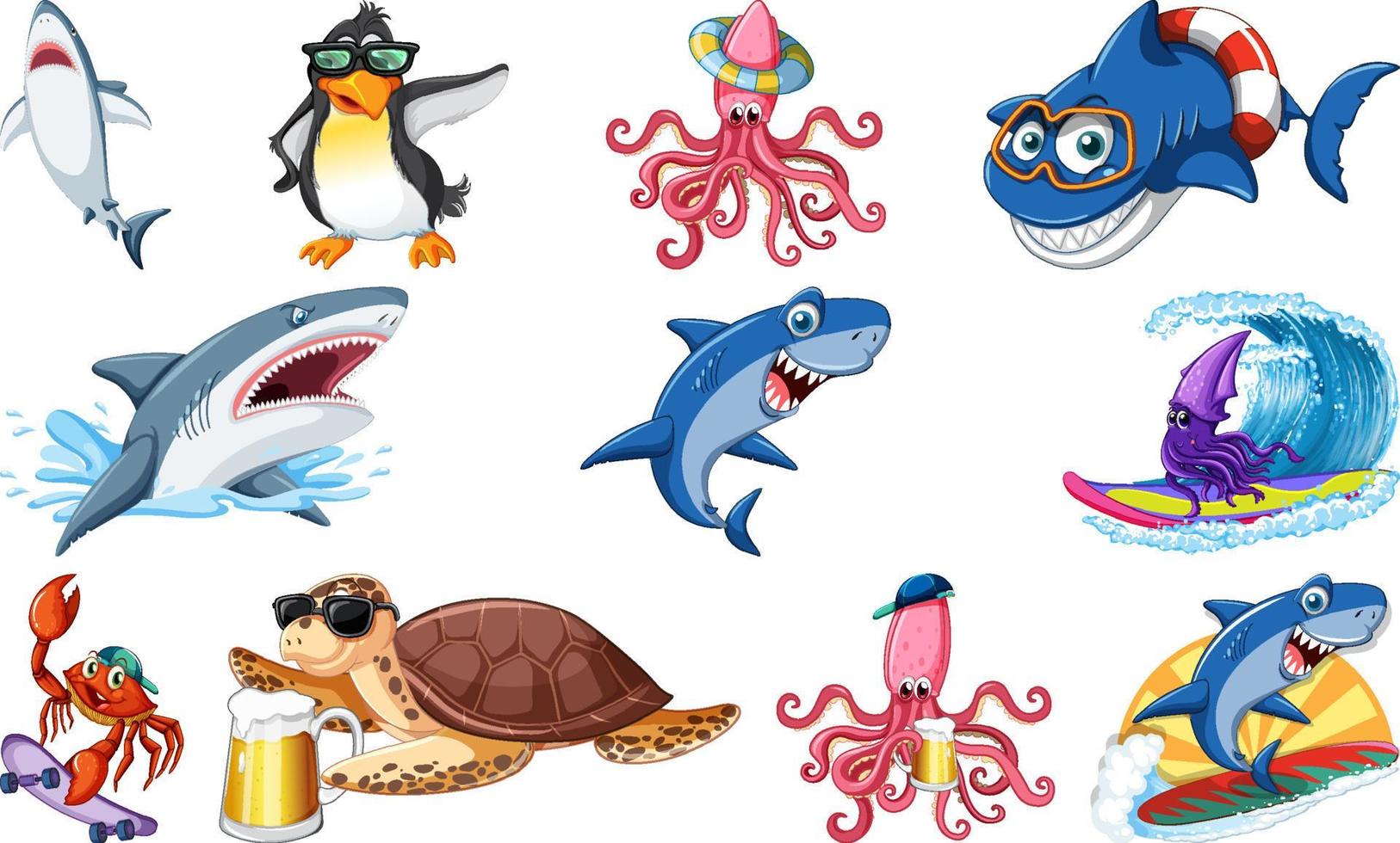 Set of various sea animals cartoon characters vector