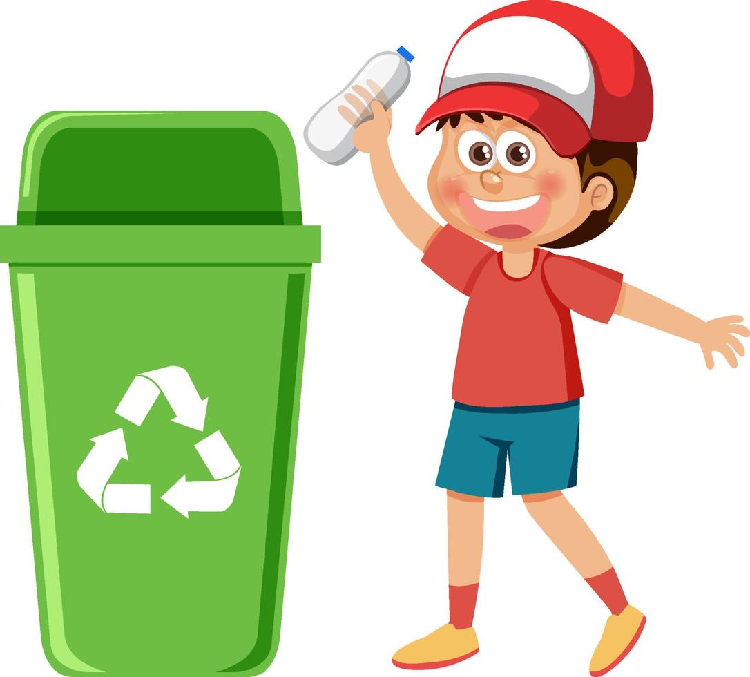 Boy put plastic bottle in the bin vector