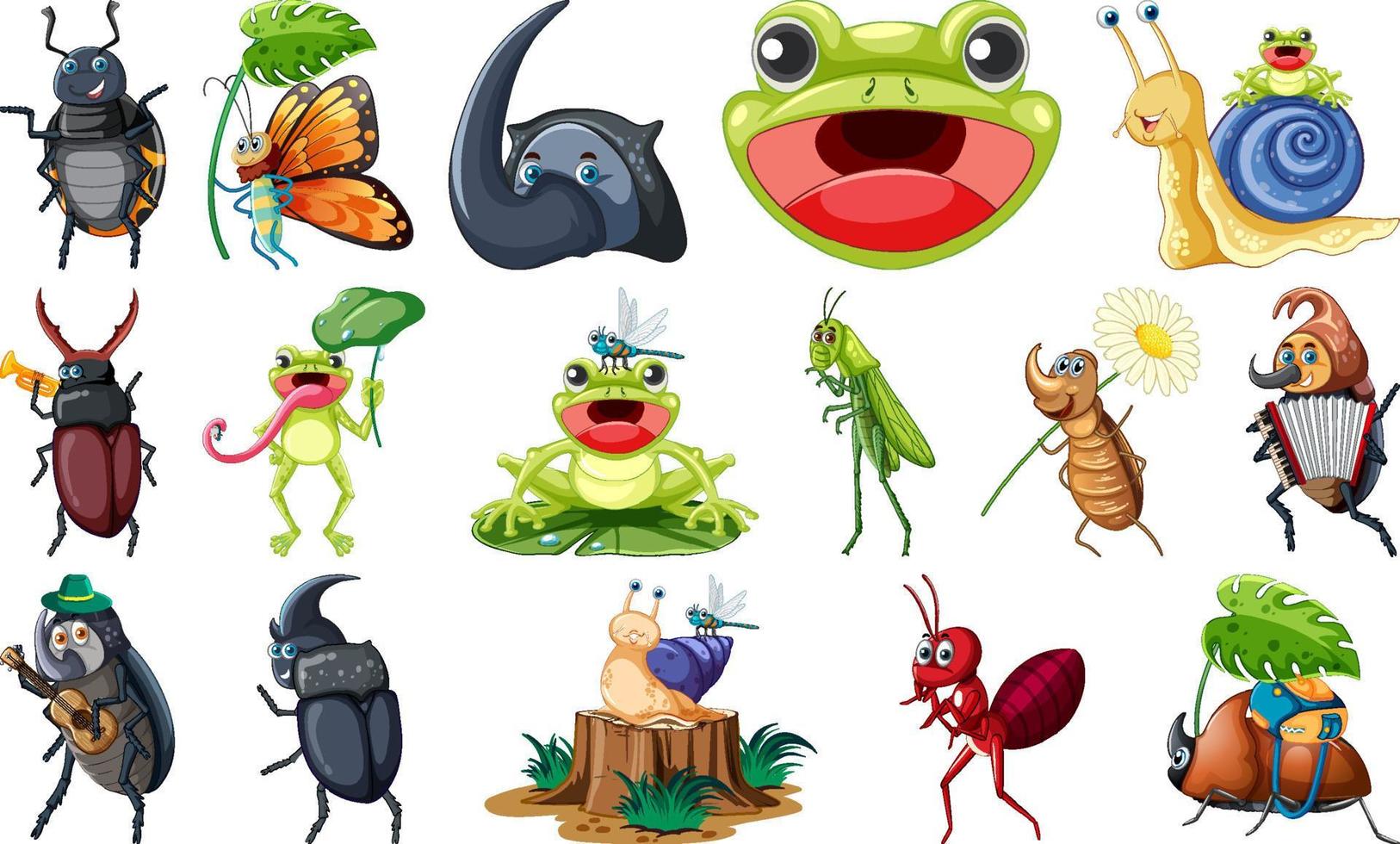 conjunto de varios dibujos animados de insectos y anfibios vector