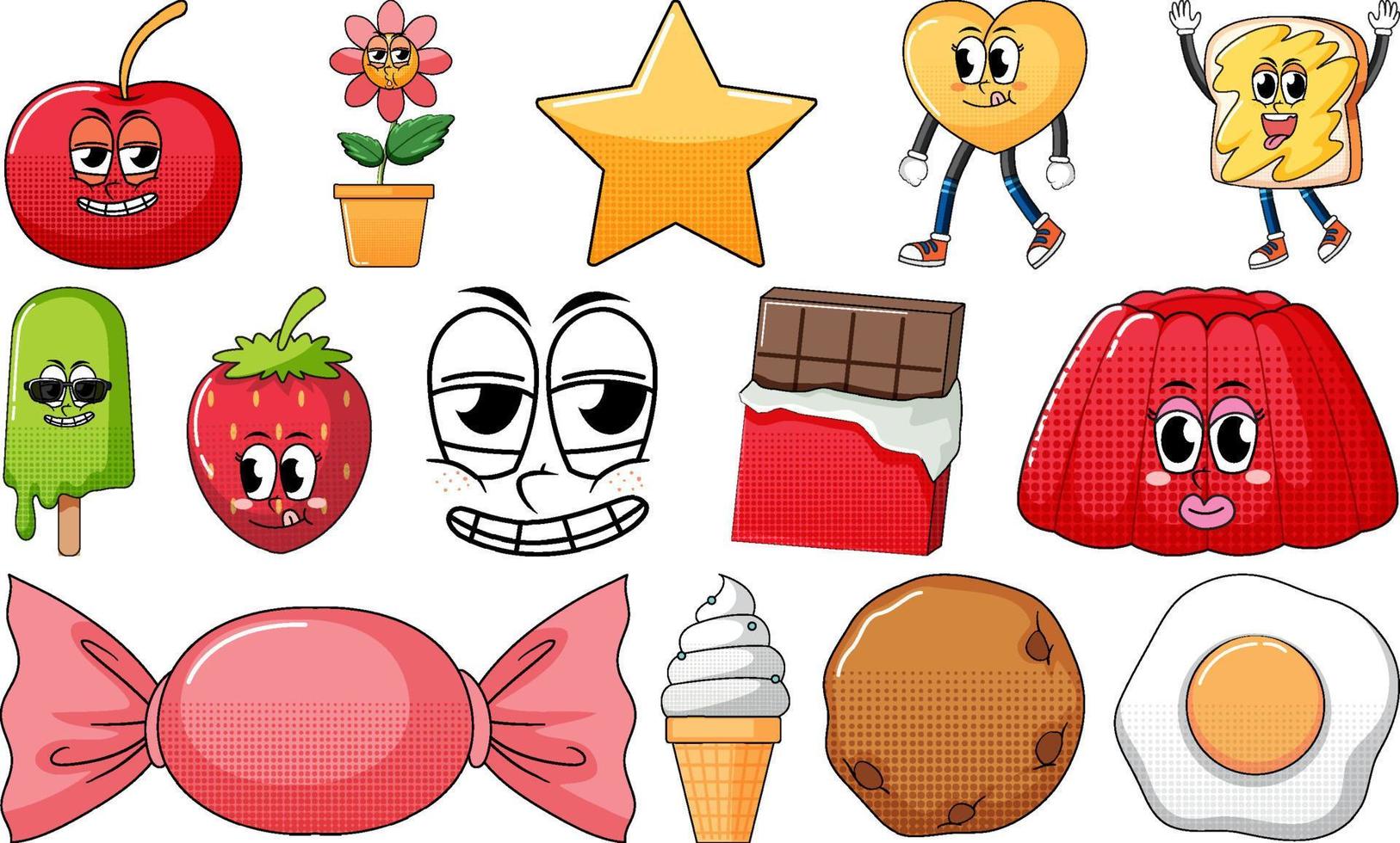 Set of objects and foods cartoon characters vector