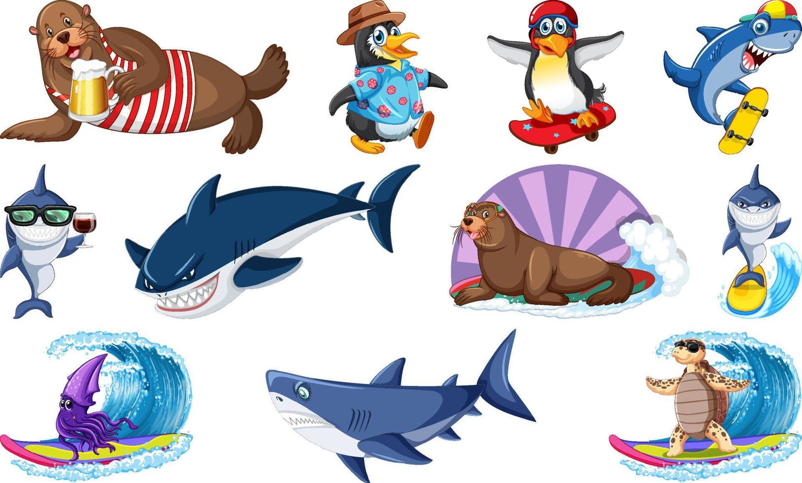 Set of various sea animals cartoon characters vector