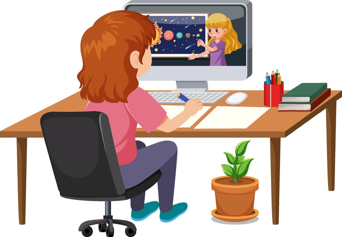 A girl studying online on computer vector