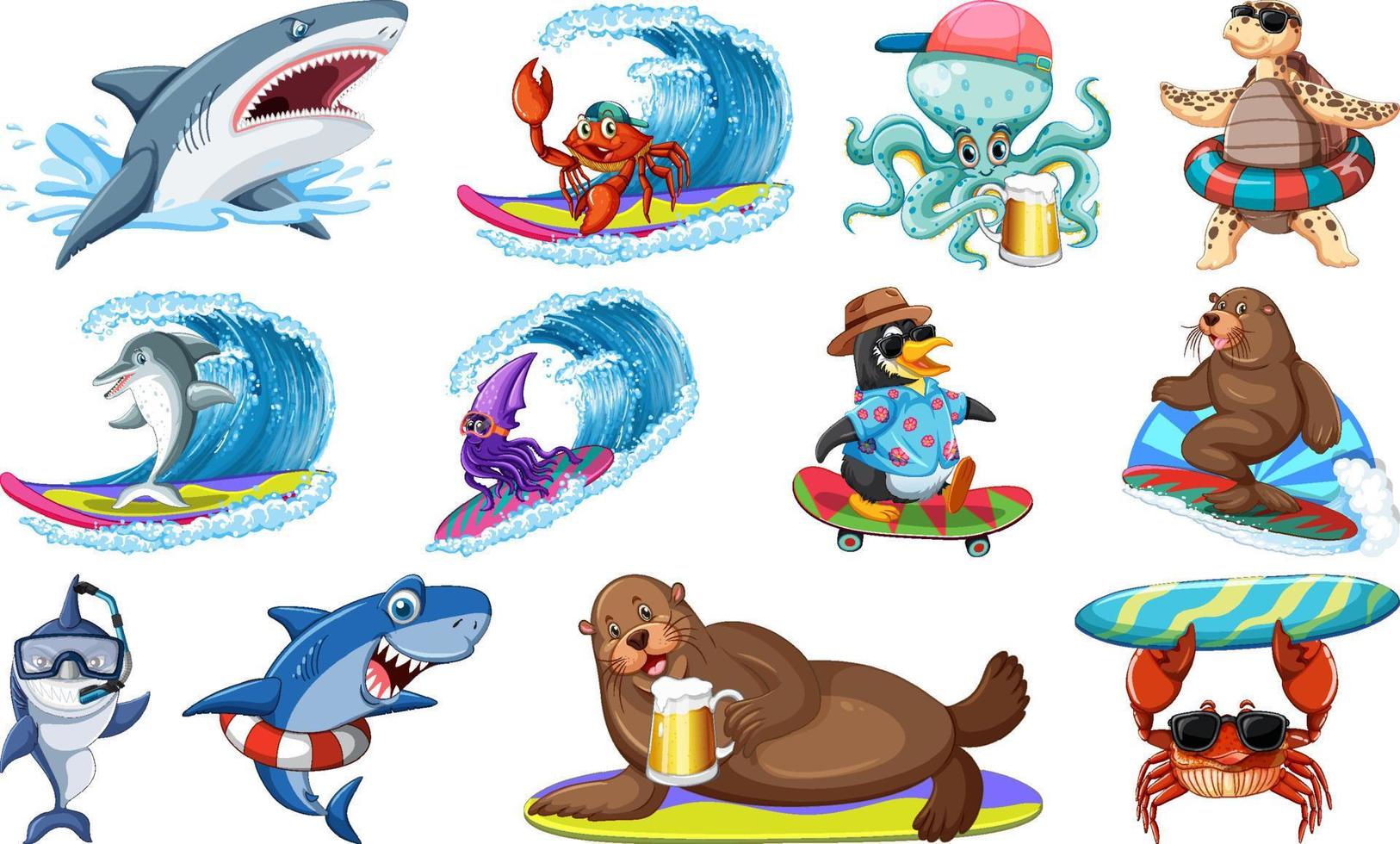 Set of various sea animals cartoon characters vector