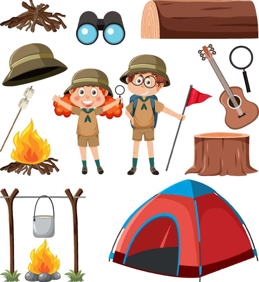 objetos de camping y juego de personajes de dibujos animados vector