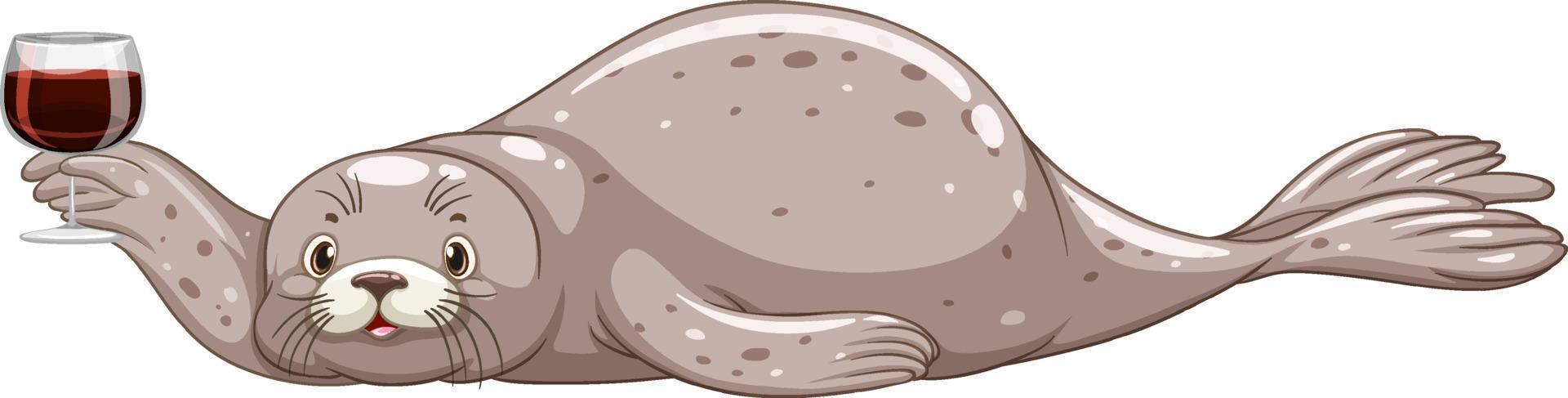 Cute seal drinking red wine vector