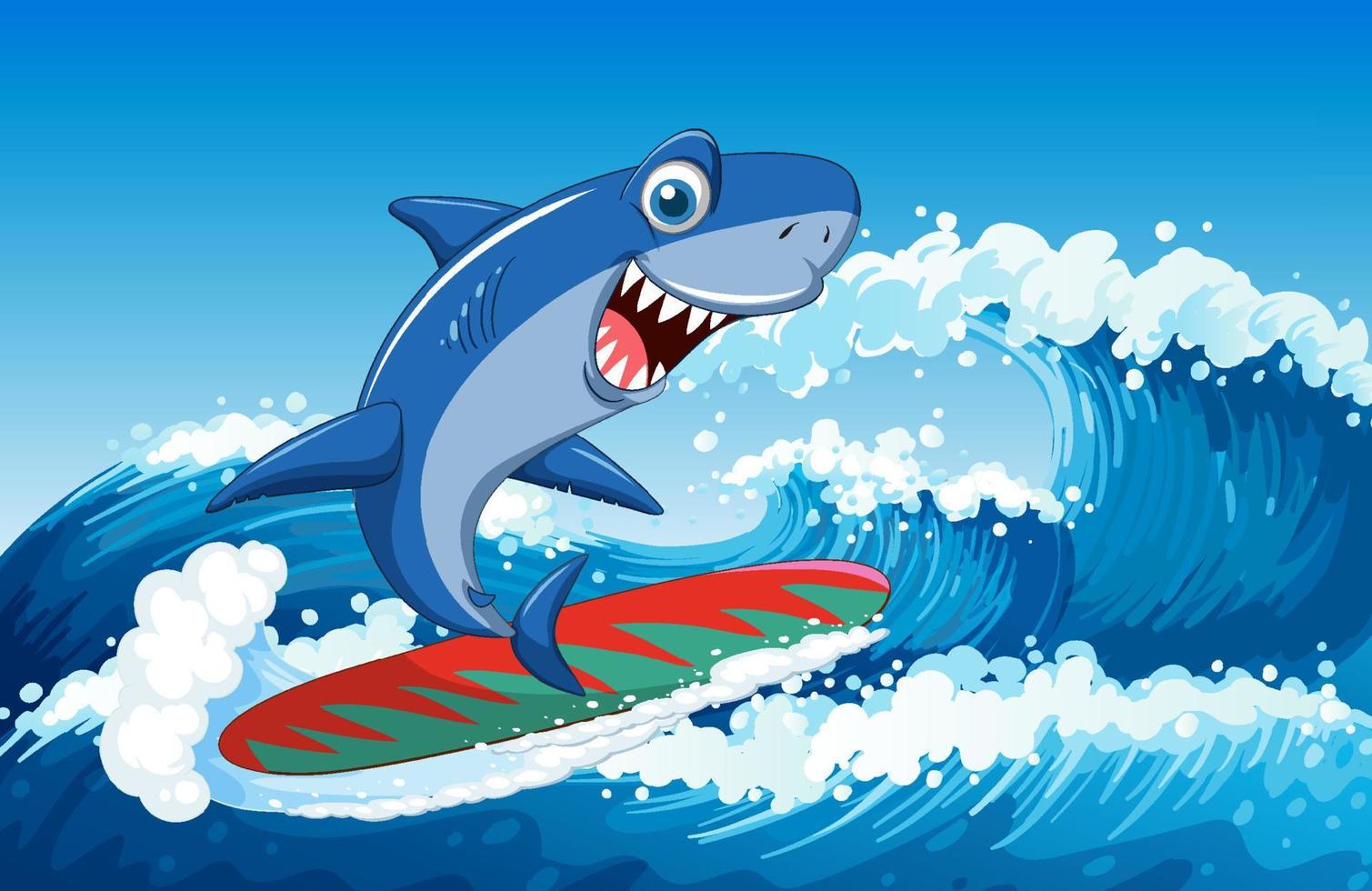 Cute shark surfing cartoon ocean scene vector
