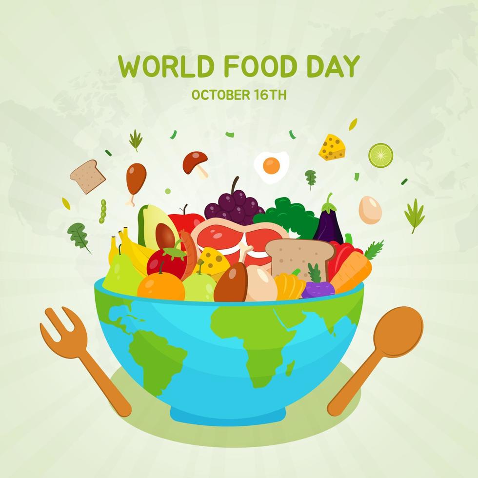 día mundial de la alimentación 16 de octubre con comidas frutas y verduras ilustración sobre fondo aislado vector