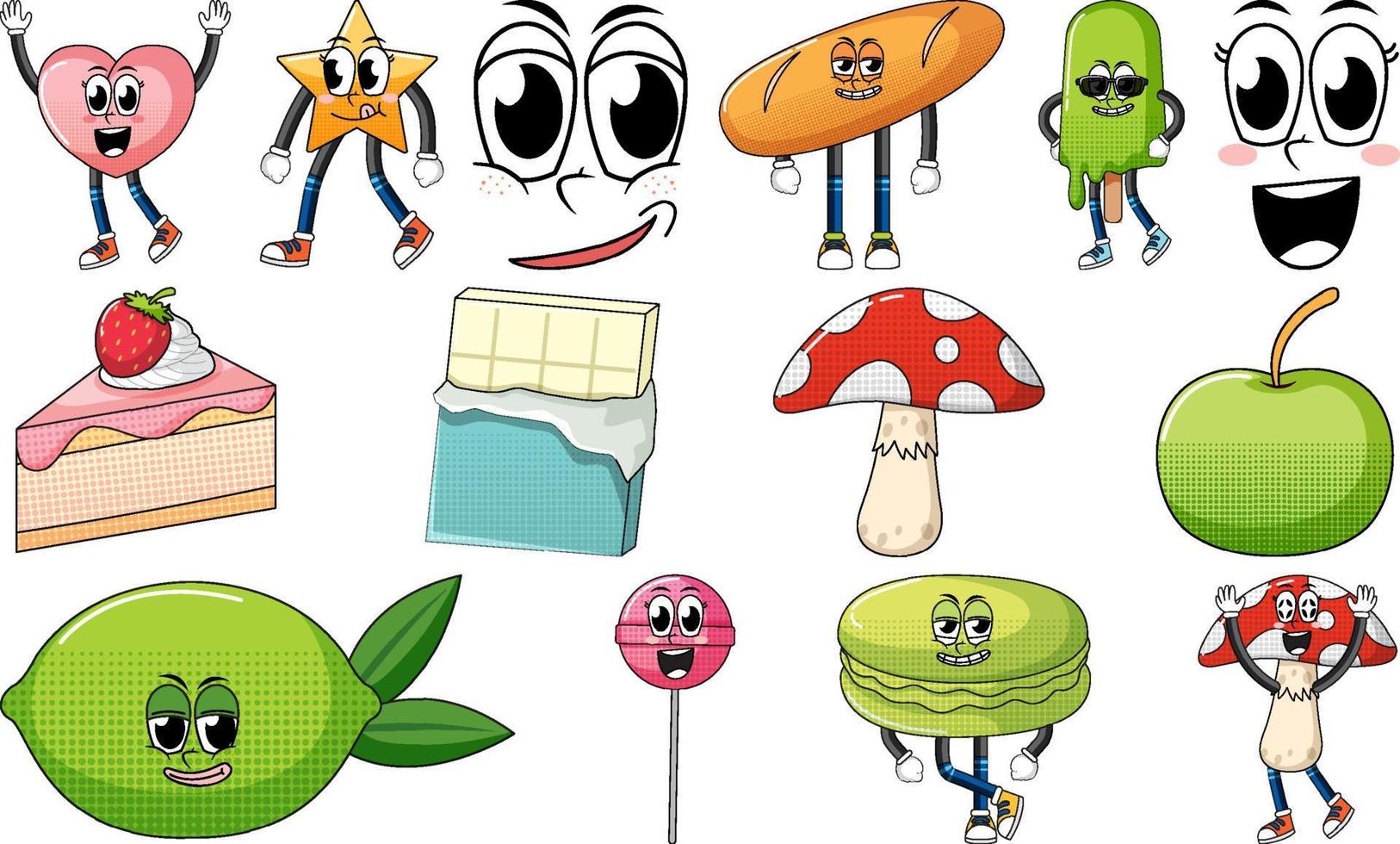 Set of objects and foods cartoon characters vector
