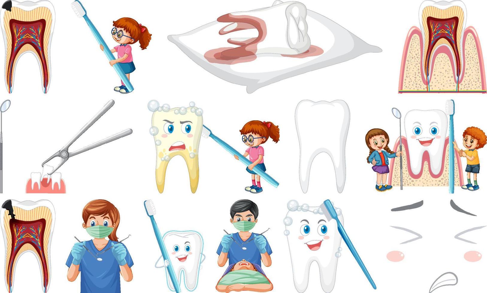 Set of dental equipments and cartoon characters vector