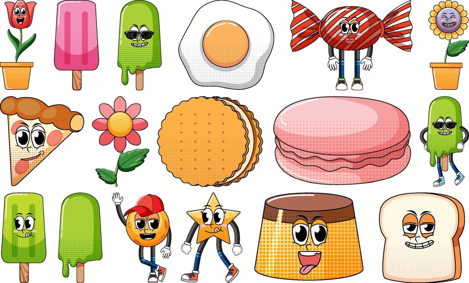 Set of objects and foods cartoon characters vector