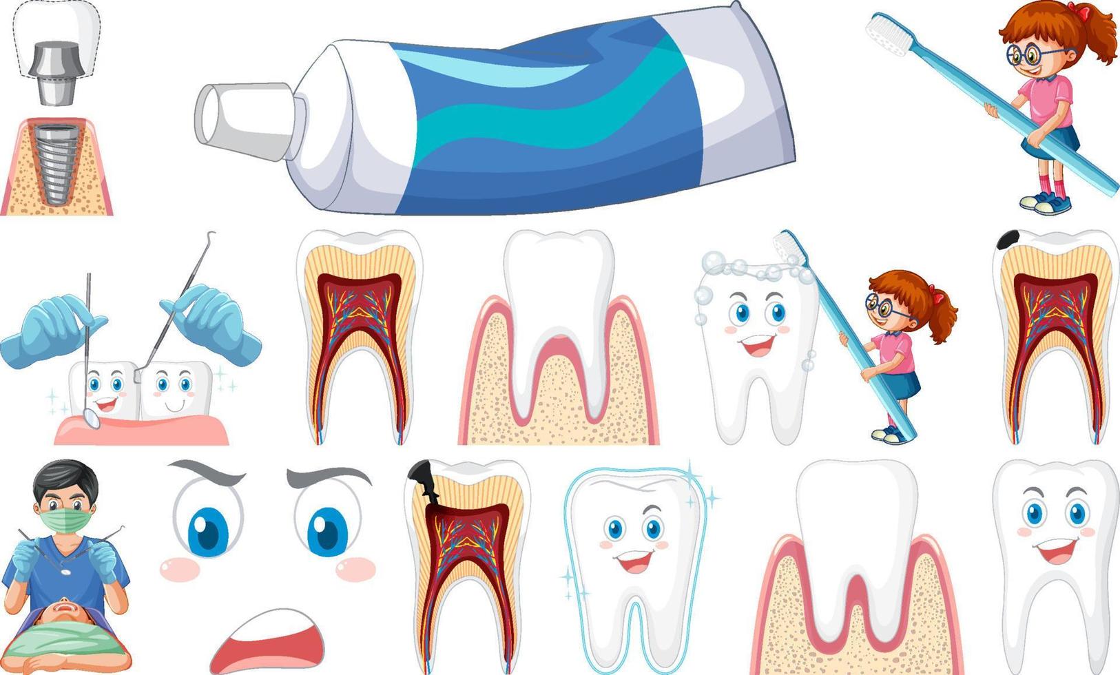 Set of dental equipments and cartoon characters vector