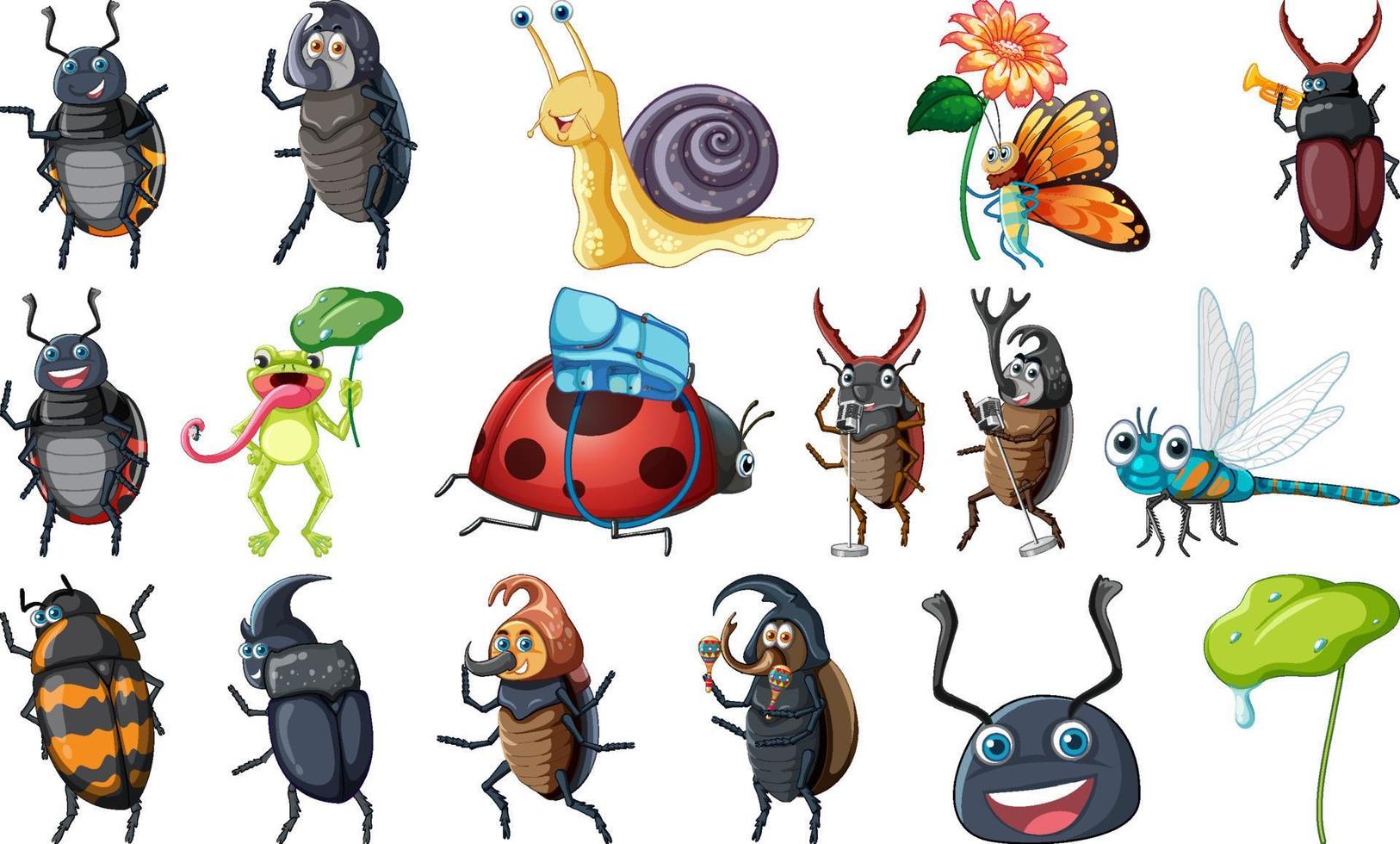 Set of various insects and amphibians cartoon vector
